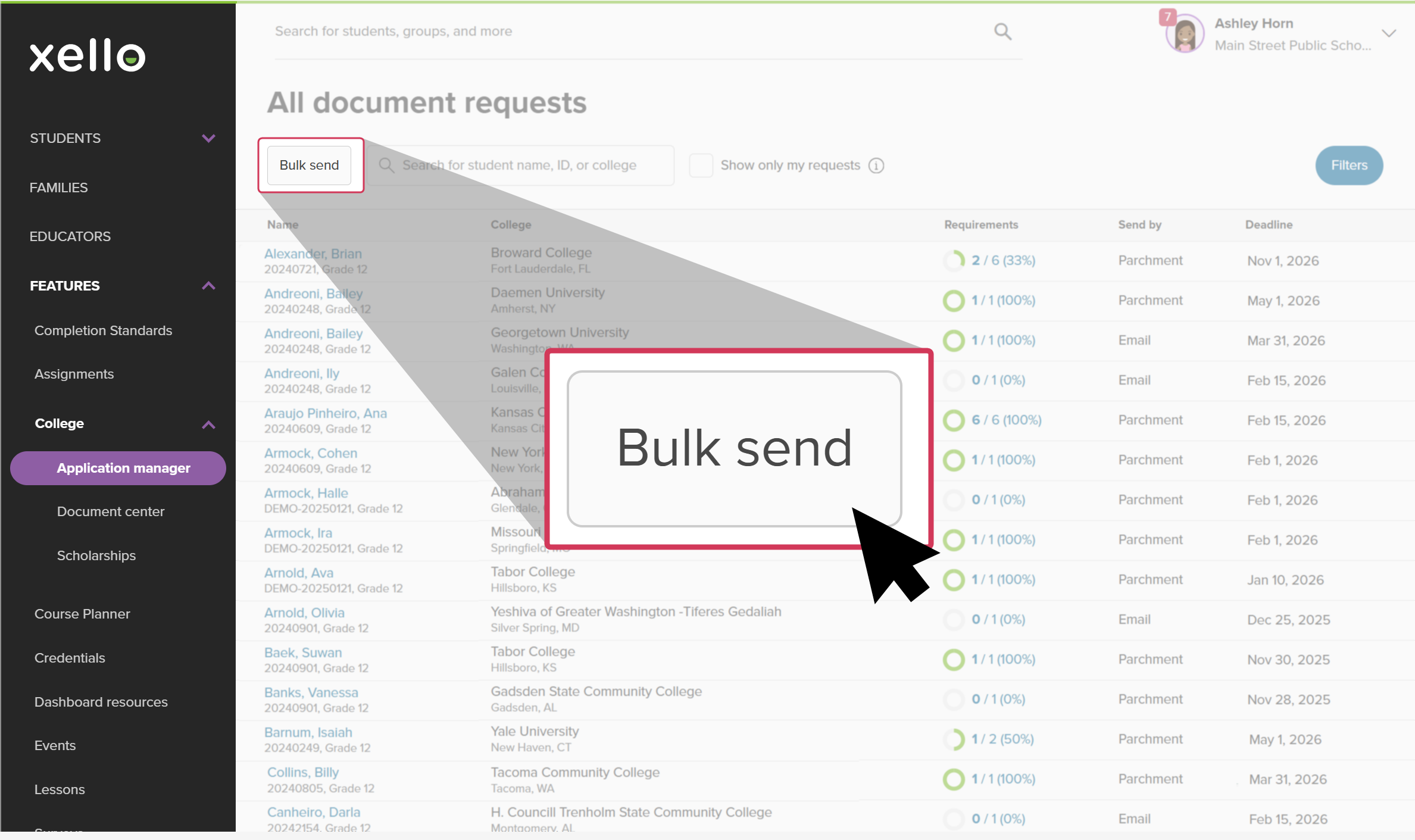 Click to enlarge All document requests page in Xello. The cursor is clicking "Bulk send".